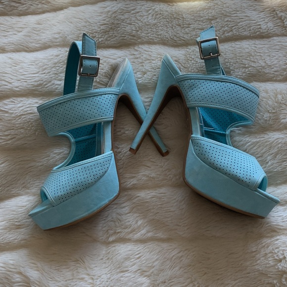 Y2K Turquoise suede platform stiletto pumps strappy high heels 10 - Picture 7 of 12